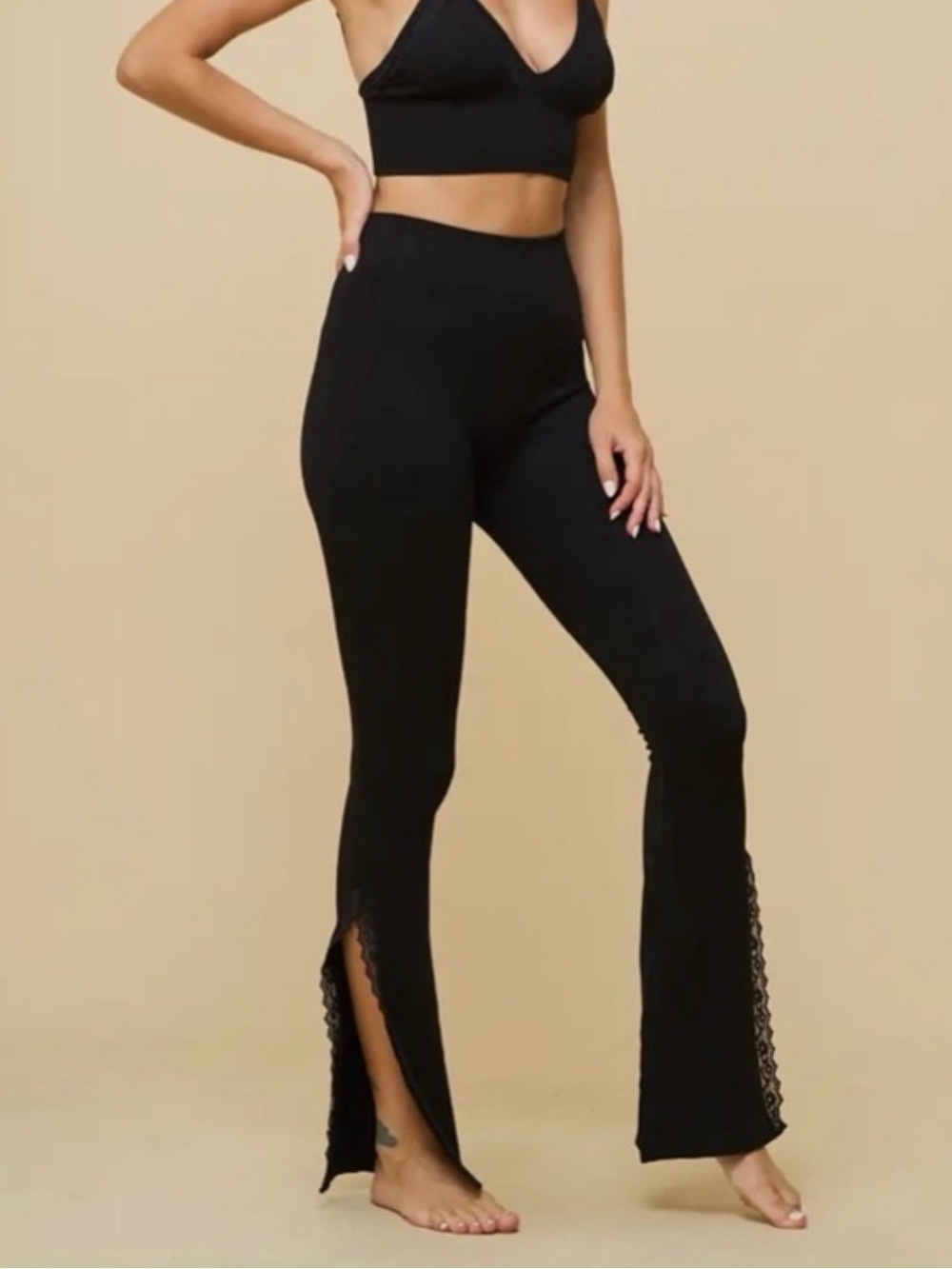 💖Anwnd Black Flare Leggings with Lace Cut Out
